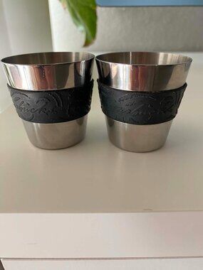 VTG 2 Starbucks Stainless Steel Espresso Shot Glasses w/Black Rubber Grip